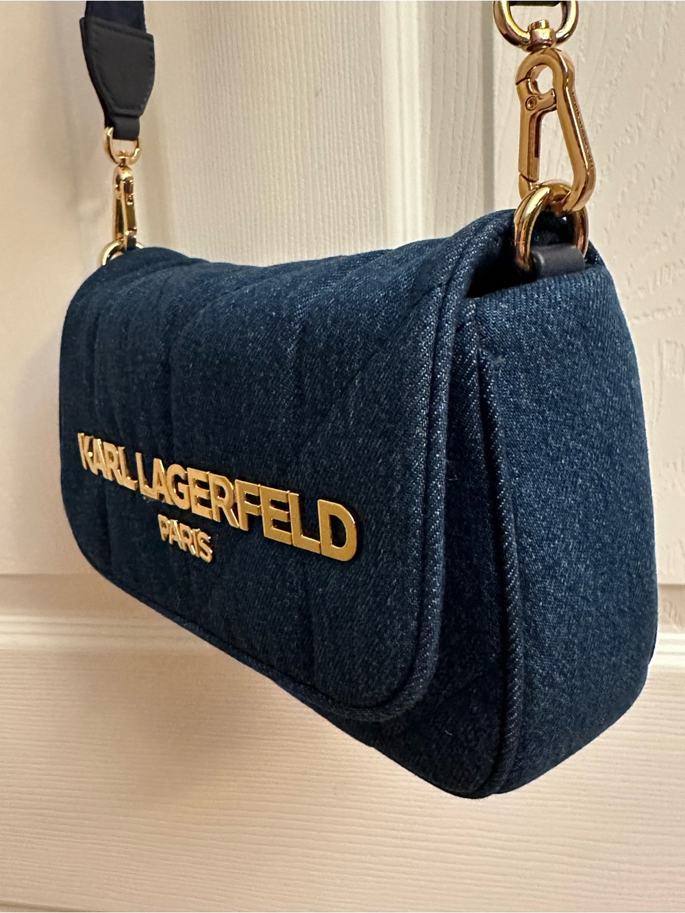 Karl Lagerfeld Quilted Dark Blue Denim Crossbody with Gold Logo - Picture 3 of 16